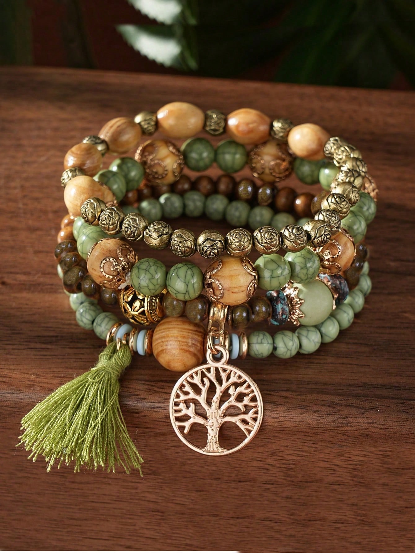 http___img.ltwebstatic.com_images3_spmp_2025_03_05_8c_17411718489935bee6d236991574cc0536e8d9572f 4pcs/Set Boho Multilayer Wooden & Glass Beaded Bracelets With Tassel, Life Tree & Butterfly Pendants, Suitable For Everyday Wear - Image 1