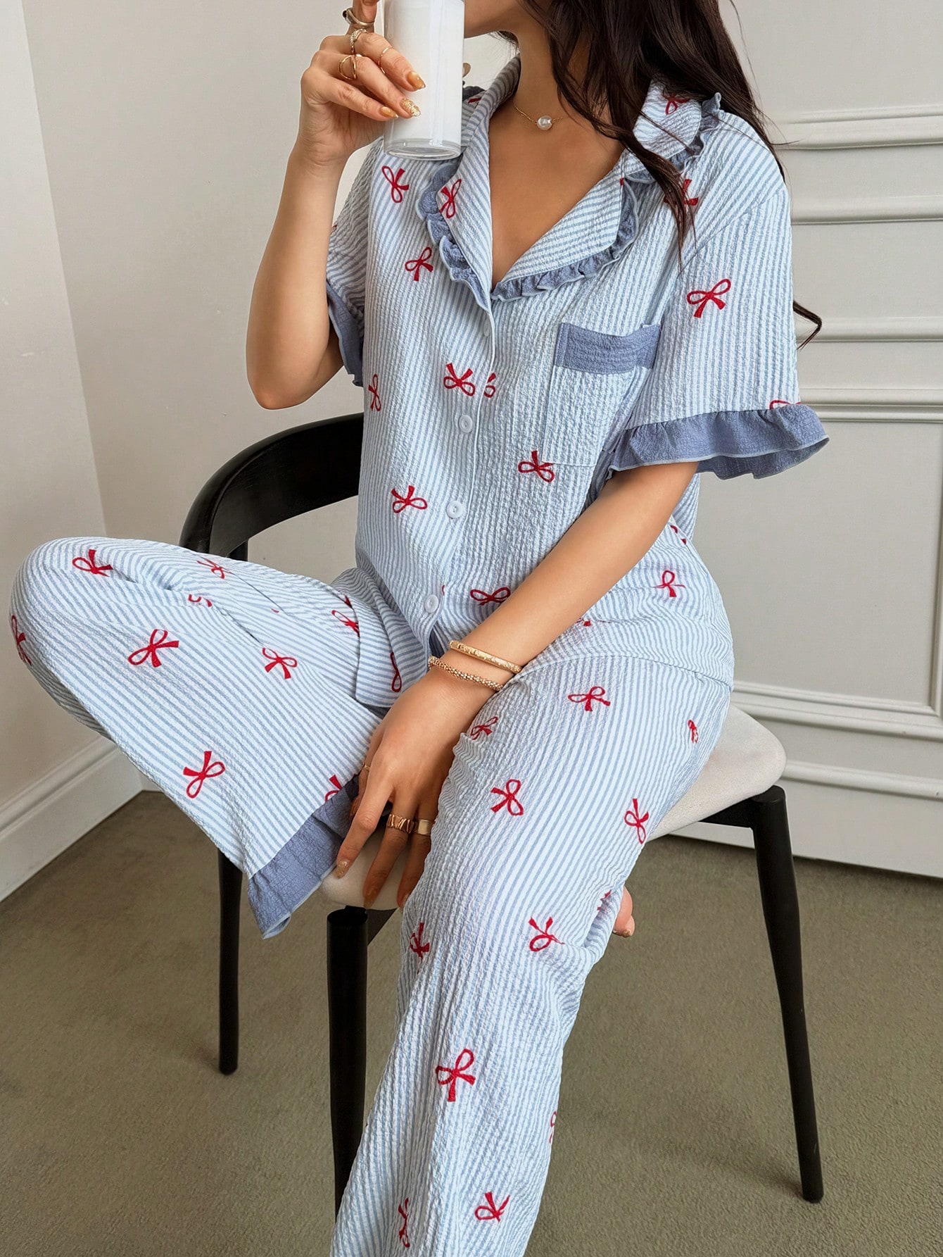 http___img.ltwebstatic.com_v4_j_pi_2026_02_25_d3_1771985131b7e9d7fa98096243e8c8c1013d6fc6b3 Napfluff Blue Striped Bow Print Patchwork Contrast Color Lapel Short Sleeve Pajama Set For Women Cute Pjs For Women Button Up Pajamas Women - Image 1
