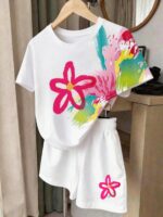 Floral Print White Short Sleeve T-Shirt And Shorts 2-Piece Set, Casual Fashion For Girls, Comfortable Summer & Autumn Outfit, Suitable For Daily Wear - Image 2