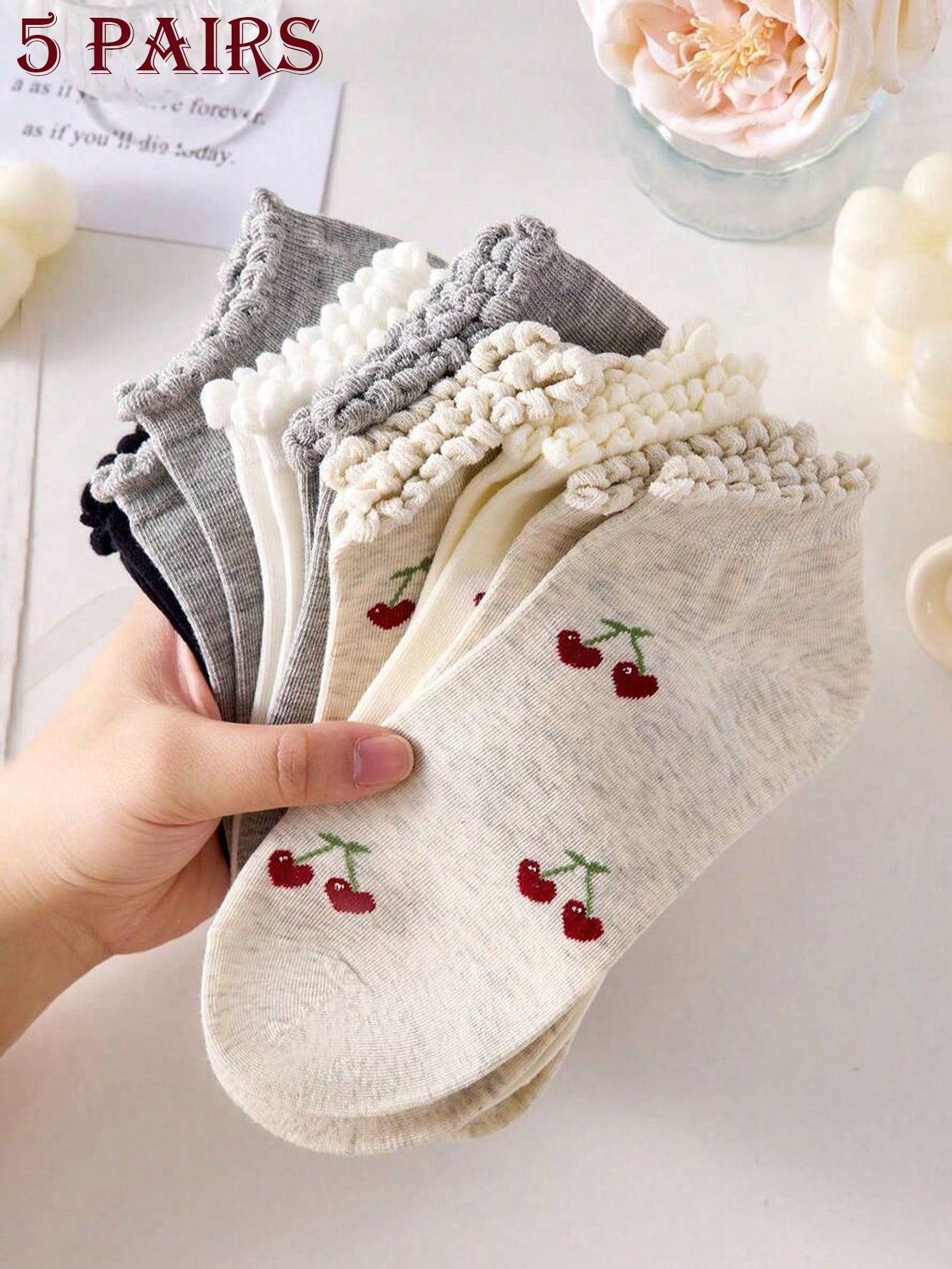 http___img.ltwebstatic.com_v4_j_spmp_2025_10_29_7d_176170882420344ae43ef60d06cf07a2879615fb8b 5 Pairs Women's Sweet Cute Cherry Pattern Minimalist Ankle Socks With Ruffle Trim, Breathable, Fashionable Ins Style Comfortable White Socks, Random Colors, Suitable For Summer, Autumn And Winter - Image 1