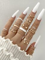 22pcs/Set Fashionable Faux Pearl Flower & Geometric Design Rings Set For Women