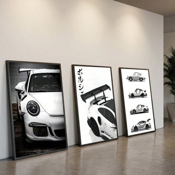 3Pcs/Set Optional Frame,Modern Sports Car Canvas Wall Art – Sleek White Car Prints, Minimalist Room Decor For Living Room, Bedroom & Hallway