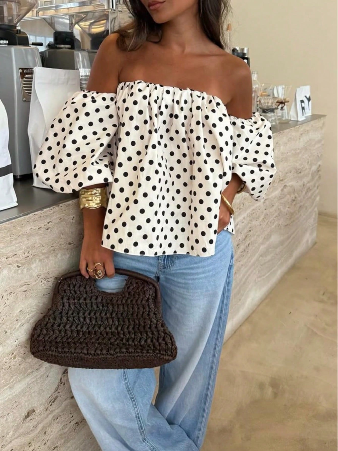 http___img.ltwebstatic.com_v4_j_spmp_2026_02_27_8e_177218359011774bb05a1d2504c62221e75a5fda26 Women's Polka Dot Contrast Color Pleated Off-Shoulder Top, Suitable For Beach And Daily Wear, Spring/Summer White - Image 1