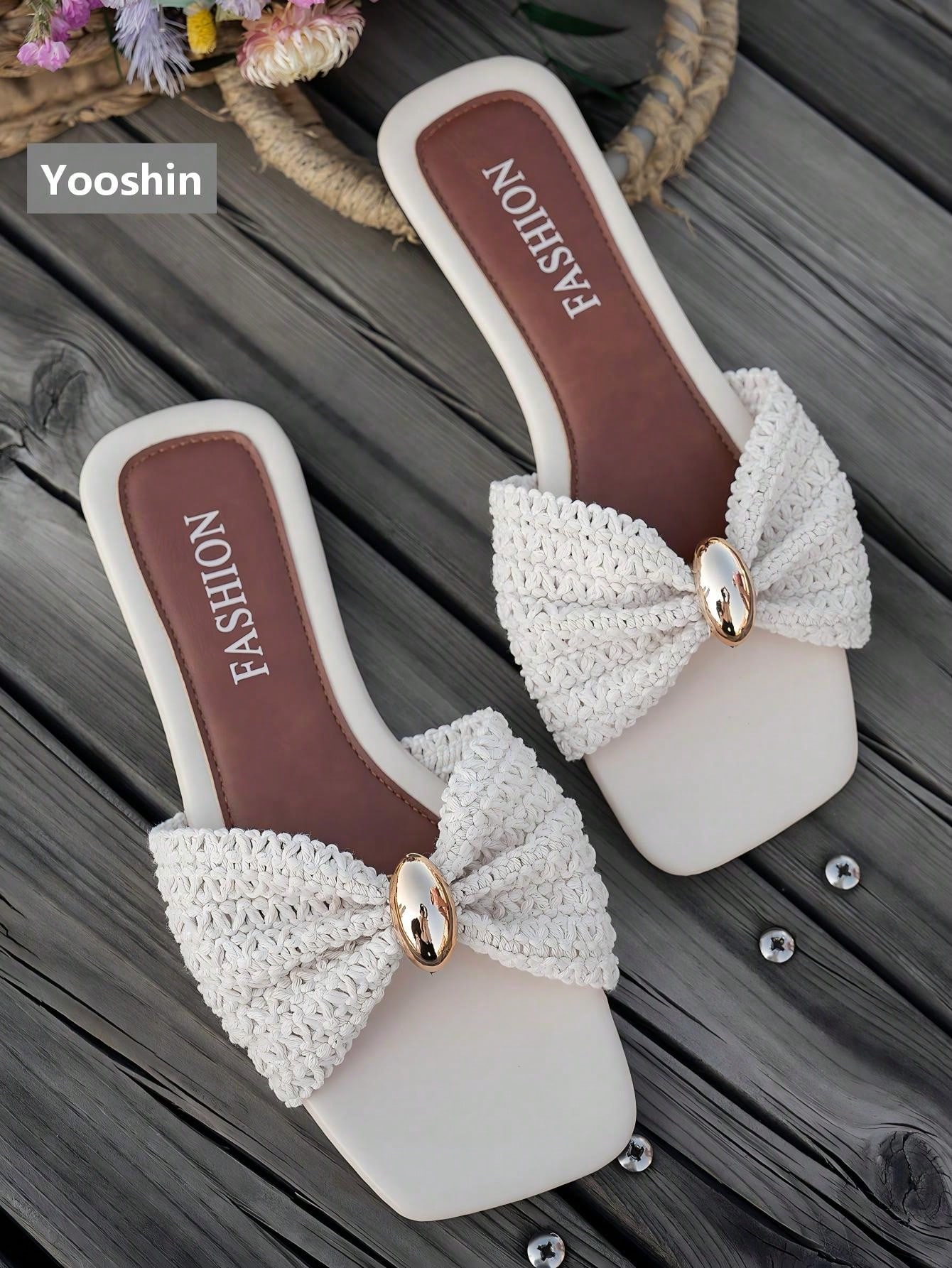 http___img.ltwebstatic.com_v4_j_spmp_2026_03_21_15_1774068979f3c7ea34e7ffbff4f4cc46e384b9ba33 New Arrival Women's Sandals, Flat Square Toe Design, Fresh Bow Accent, High-End Gold-Tone Hardware, Slip-On Style, Lightweight & Comfortable, Mix & Match , Suitable For Home, Spring/Summer Outdoor, Casual Country Vacation, Street Fashion Beach Slippers - Image 1