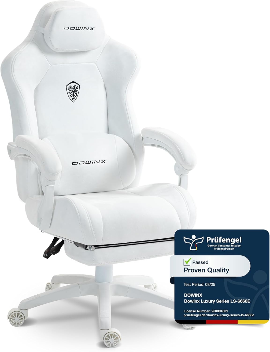 61qOvKbIjCL._AC_SL1500_ Dowinx Gaming Chair Ergonomic with Adjustable Massage Lumbar Cushion, Soft Microfiber Velvet Office Chair, Thick Padded Seat, Retractable Footrest, Adjustable Armrests, 155° Reclining Backrest, White - Image 1