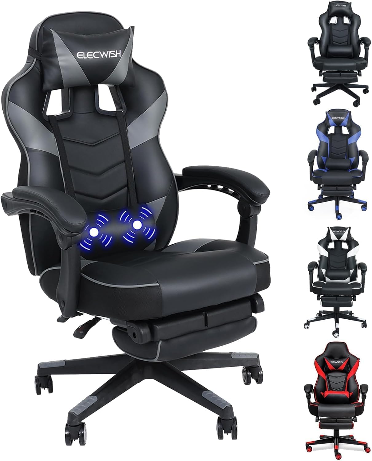 61qbg2PCScL._AC_SL1500_ PULUOMIS Gaming Chair, Video Game Chairs for Adults with Footrest, Ergonomic Massage 150° Reclining Gaming Computer Desk Chair, PU Leather Office Chair for Home with Headrest Lumbar, Grey - Image 1