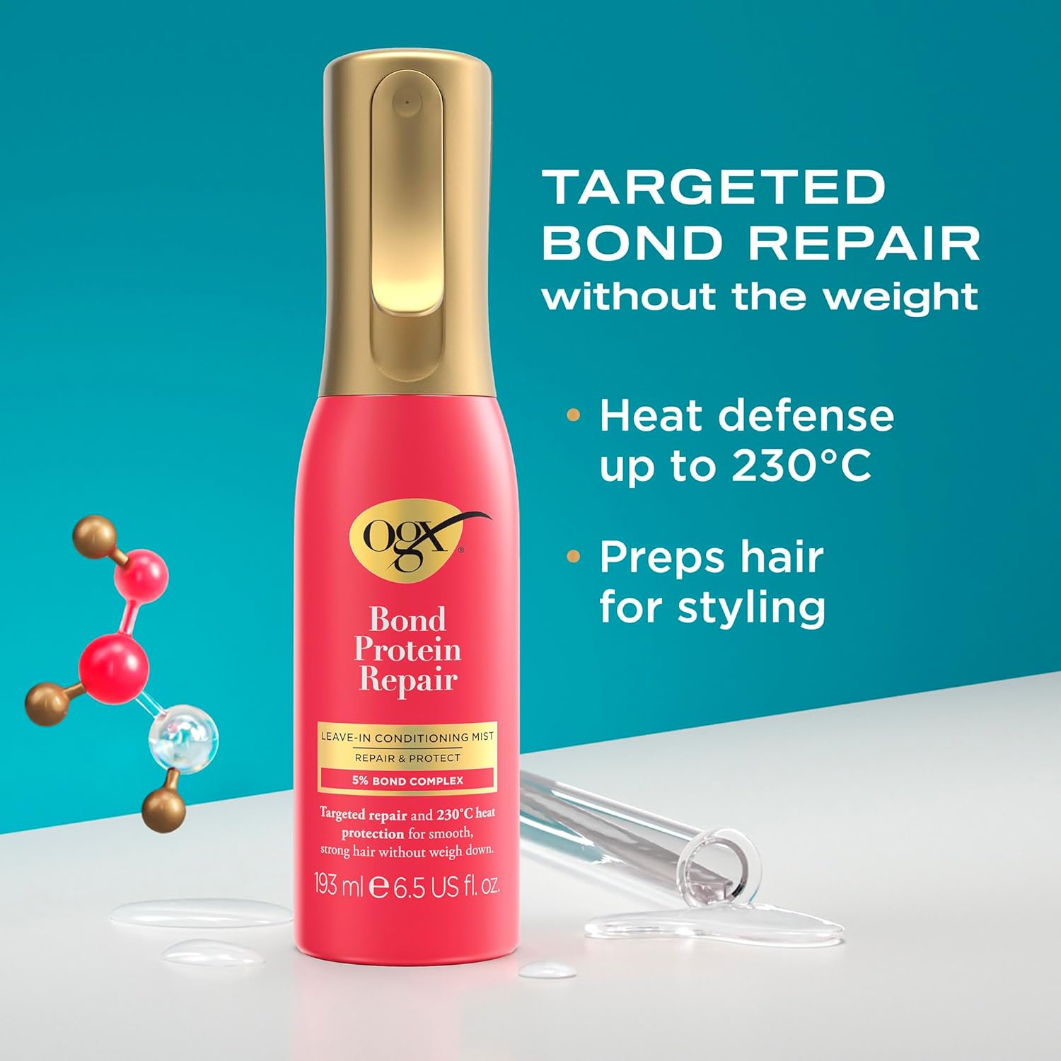 716plb7VngL._AC_SL1500_ OGX Bond Protein Repair Conditioning Mist + 230° C Heat Protect, Targeted to Repair Hair Bonds, For Smooth & Strong Hair, Lightweight Formula 193ml - Image 1