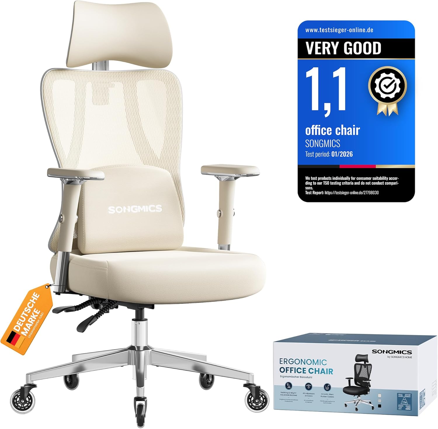 71FHhdvIfjL._AC_SL1500_ SONGMICS Ergonomic Office Chair, Height Adjustable Desk Chair, Gaming Chair with Adjustable Lumbar Support, Headrest, Armrests, Reclining Backrest, Loads 150 kg, Camel Brown and Cloud White OBN067LJ02 - Image 1