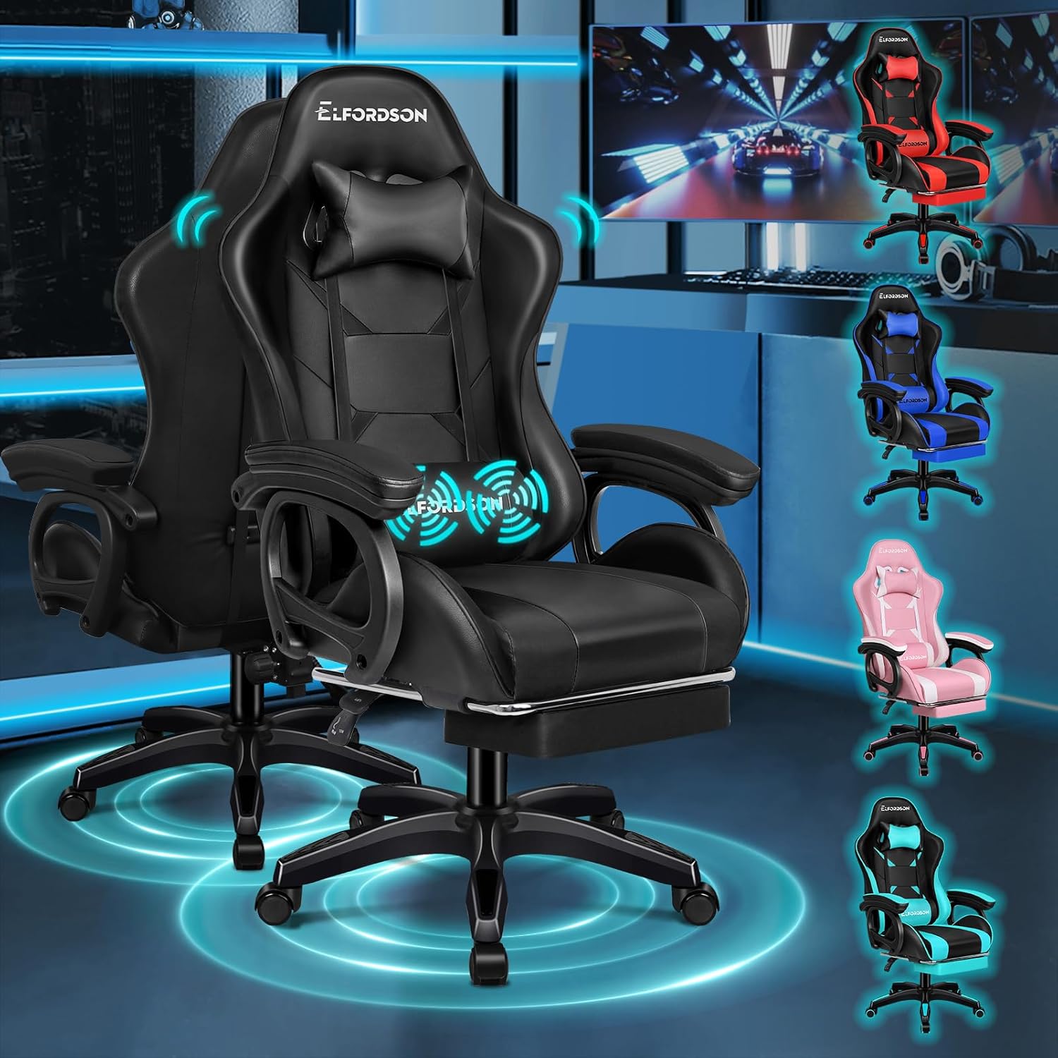 71HHnhz0BmL._AC_SL1500_ ELFORDSON Gaming Chair with 2-point Massage Lumbar Cushion, High Back PC Computer Game Chair, 150° Reclining Office Chair with Headrest & Footrest, 360°... - Image 1