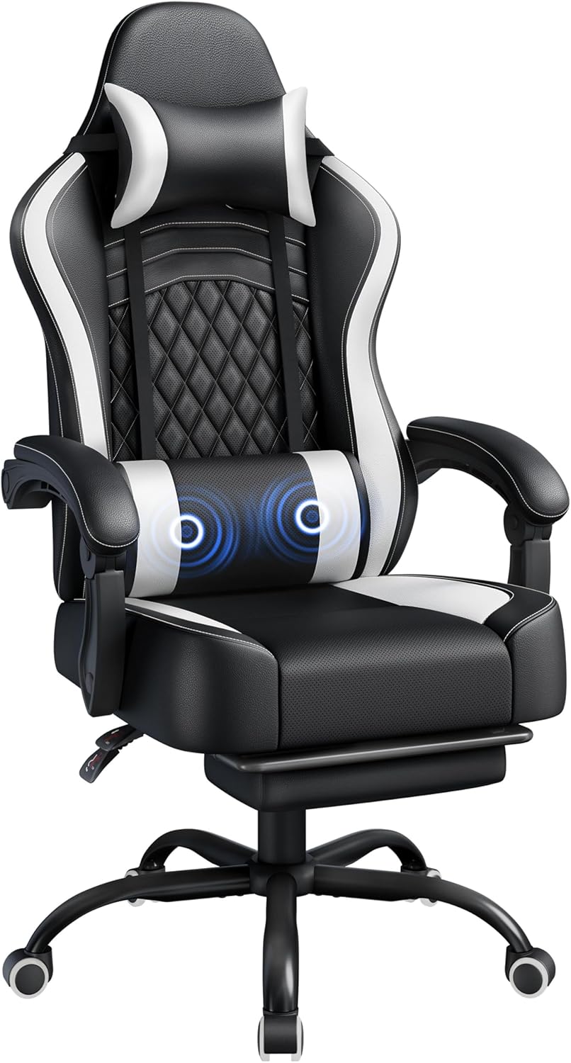 71NTC-TDqbL._AC_SL1500_ Yaheetech Gaming Chair, Ergonomic Racing Gaming Chair with Massage Lumbar Pillow, High-Back Office Chair with Slide-Out Footrest and Padded Linkage Armrests for Adults (Black/White) - Image 1
