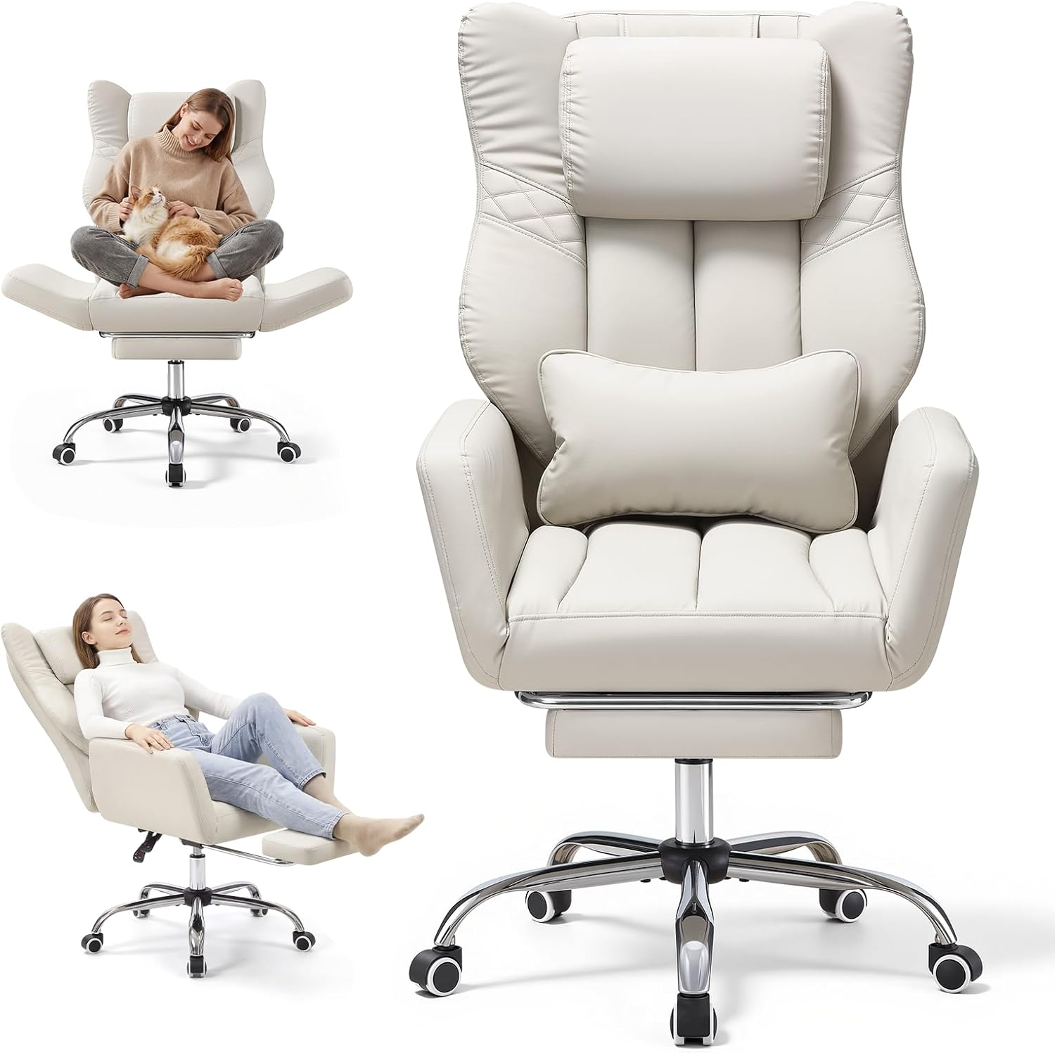 71STQg5C0bL._AC_SL1500_ Warmiehomy Big and Tall Office Chair for Home, Cross Legged Office Chair with Footrest, Ergonomic Heavy Duty Office Chair with 155° Recline & Armrests, Computer Desk Chair 72 * 50 * 120CM (White) - Image 1