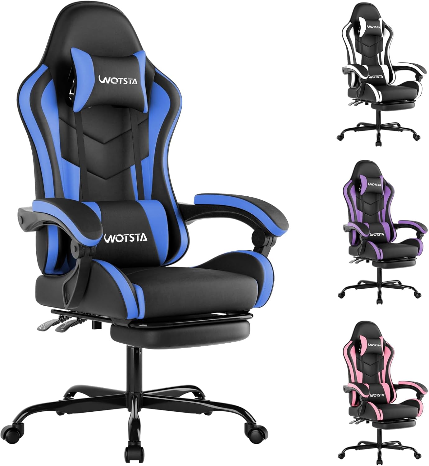 71WC-Jff2KL._AC_SL1500_ Gaming Chair with Footrest, Ergonomic Gaming Chair, Computer Chair with Lumbar Support, Head Rest, Height Adjustable PC Chairs with 360°-Swivel Seat for Office or Gaming, Black Blue - Image 1