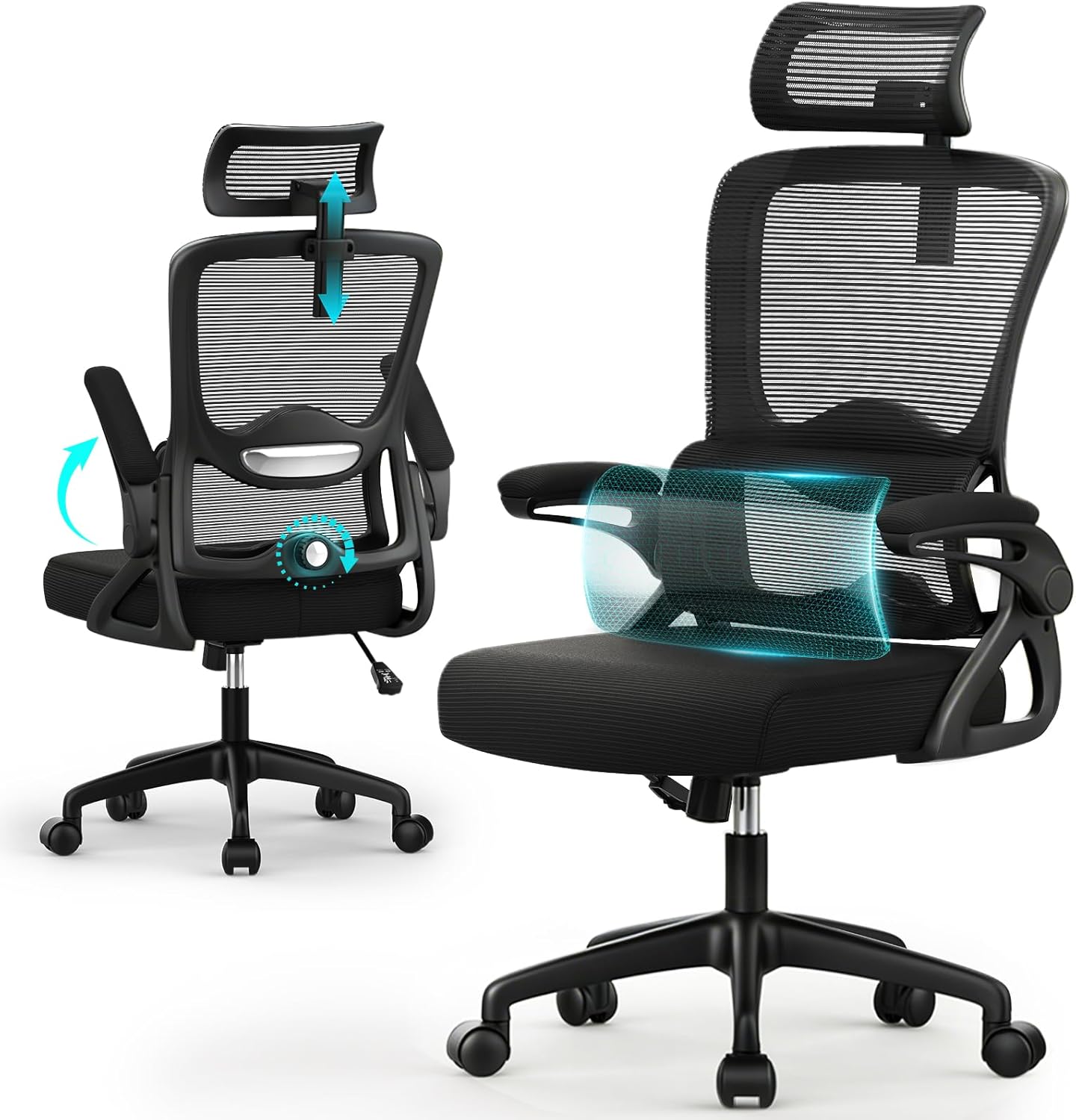 71oJvwyGq7L._AC_SL1500_ Office Chair, Ergonomic Desk Chair with 2D Lumbar Support and Adjustable Headrest, Swivel Computer Chair with Padded Flip-up Armrests & Thickened Seat,High Back Executive Chair for Home Office - Image 1