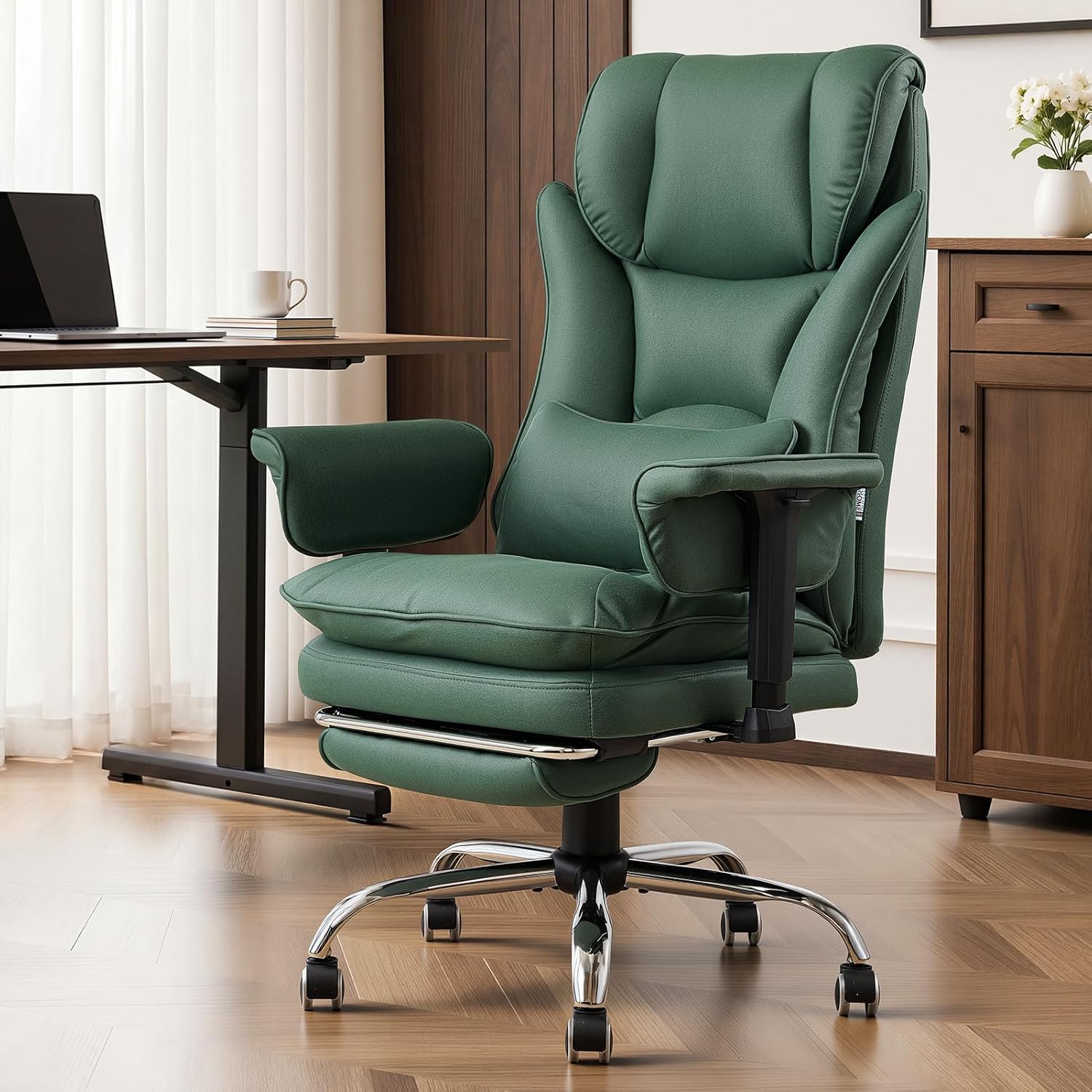 81PbKbcvy0L._AC_SL1500_ Warmiehomy Massage Office Chair with 4-Point Heated, 155° Reclining, Ergonomic Office Chair with Footrest & Lumbar Pillow, Heavy Duty Executive Computer Chair for Home Office (Tech Fabric, Green) - Image 1