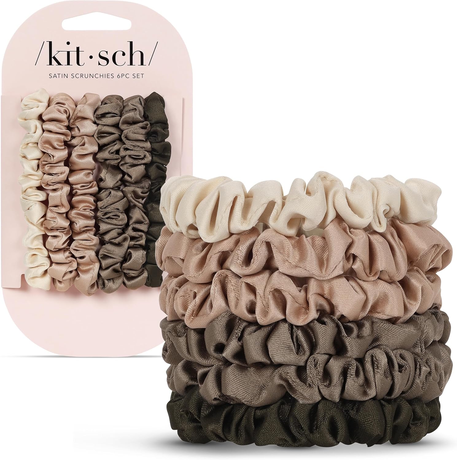 91diI7iORHL._AC_SL1500_ Kitsch Ultra-Petite Satin Scrunchies for Women - No Crease, Frizz-Free Sleep | Softer Than Silk Scrunchies Gentle On Hair Scrunchies for All Hair Types | Stylish Hair Accessories - Eucalyptus, 6pcs - Image 1