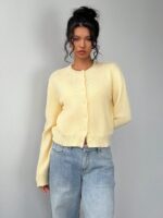 SHEIN BASICS Casual Solid Color Round Neck Long Sleeve Loose Cropped Women Cardigan Sweater, Warm Comfort, Cozy Chic, Daily Commute,Butter Yellow Top In Fall/Winter - Image 6