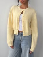 SHEIN BASICS Casual Solid Color Round Neck Long Sleeve Loose Cropped Women Cardigan Sweater, Warm Comfort, Cozy Chic, Daily Commute,Butter Yellow Top In Fall/Winter