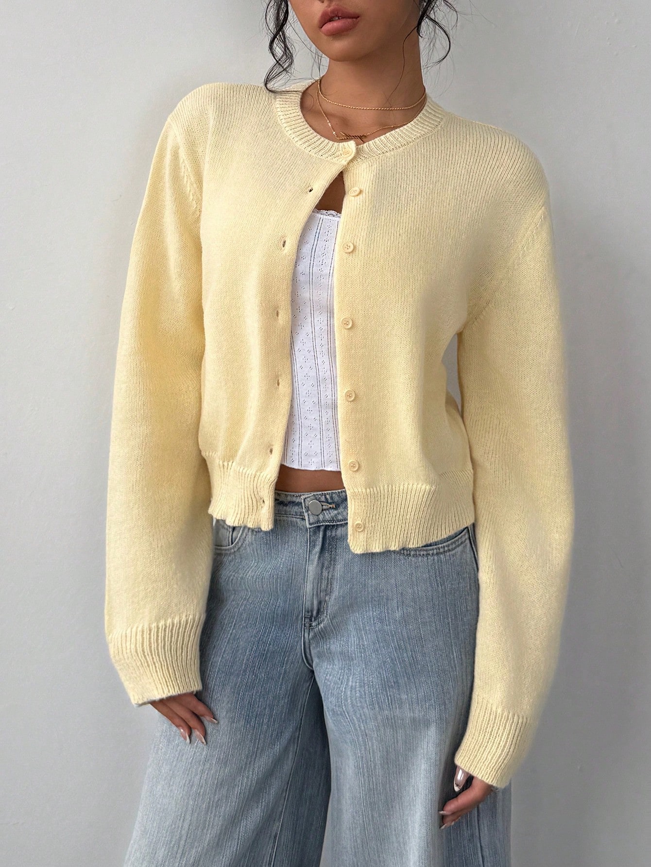 http___img.ltwebstatic.com_images3_pi_2024_10_29_fb_17301934641176ca44893e6b206b6d2dddc33348d3 SHEIN BASICS Casual Solid Color Round Neck Long Sleeve Loose Cropped Women Cardigan Sweater, Warm Comfort, Cozy Chic, Daily Commute,Butter Yellow Top In Fall/Winter - Image 1