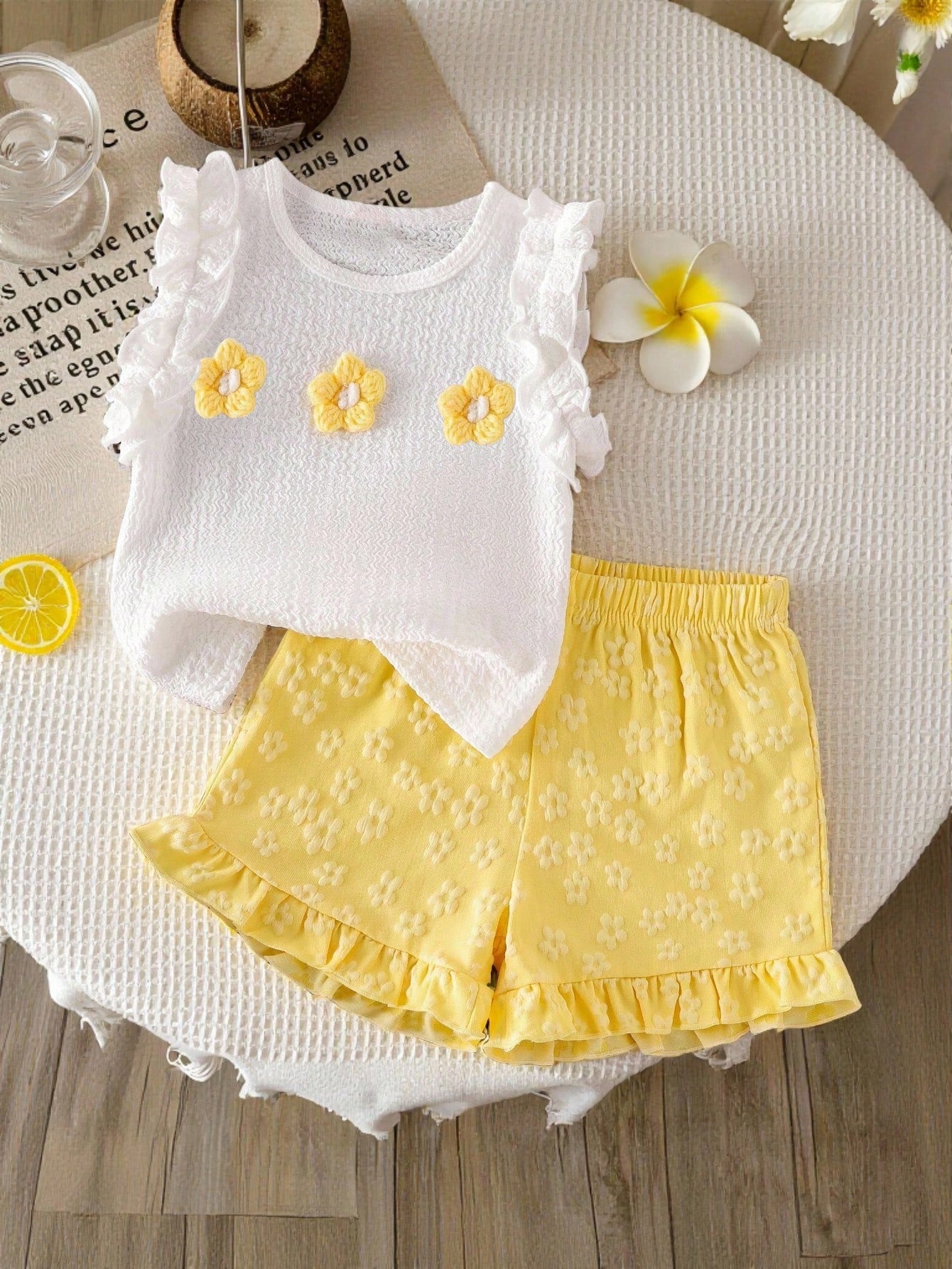 http___img.ltwebstatic.com_v4_j_spmp_2025_10_29_a8_17617258791bc40458ea6679f919bbd61f0e30ed19 (2) Toddler Girls' Summer Bow Decor Top And Snowflake Textured Shorts Set - Image 1