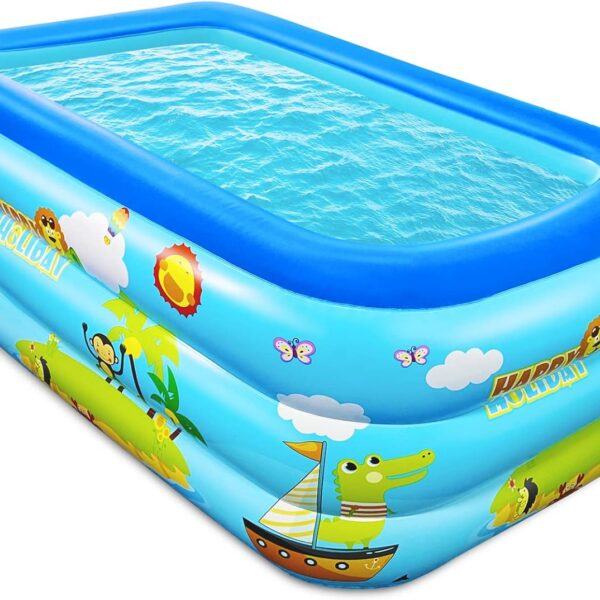 Jiosdo Paddling Pool for Kids, 150cm Rectangle Inflatable Baby Pool 3-Ring with Soft Floor for Garden Backyard Outdoor Children