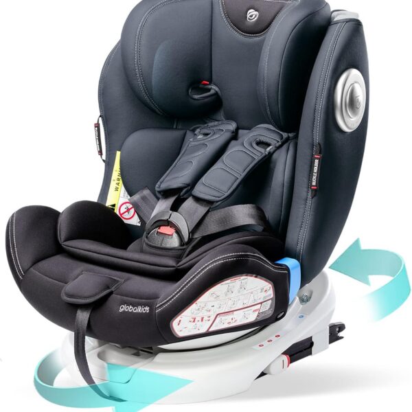 globalkids Safety Baby Car Seat with Isofix and Top Tether, 360 Degree Rotating Child Seat for All Group 0-12 Years Old (up to 36kg), Black (2022 Edition)