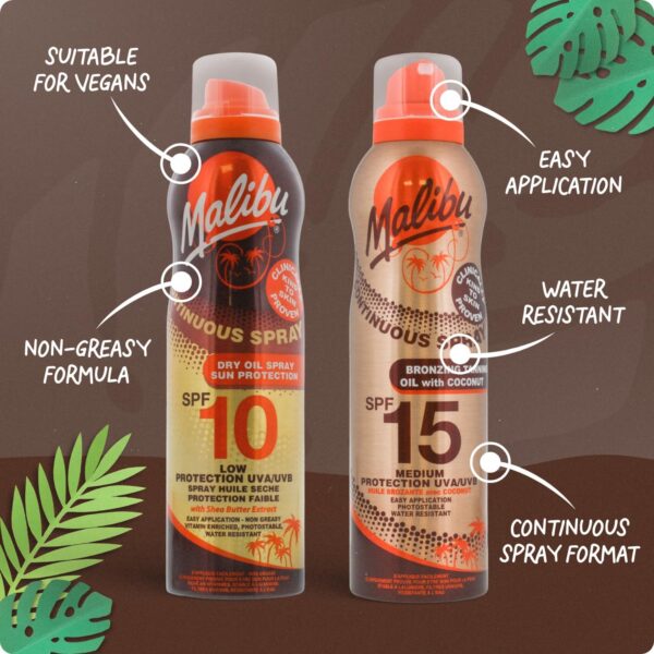 Malibu Sun SPF 15 Continuous Tanning Oil with Coconut Spray, Easy Application, Medium Protection, Moisturising Body Oil Mist, 175ml