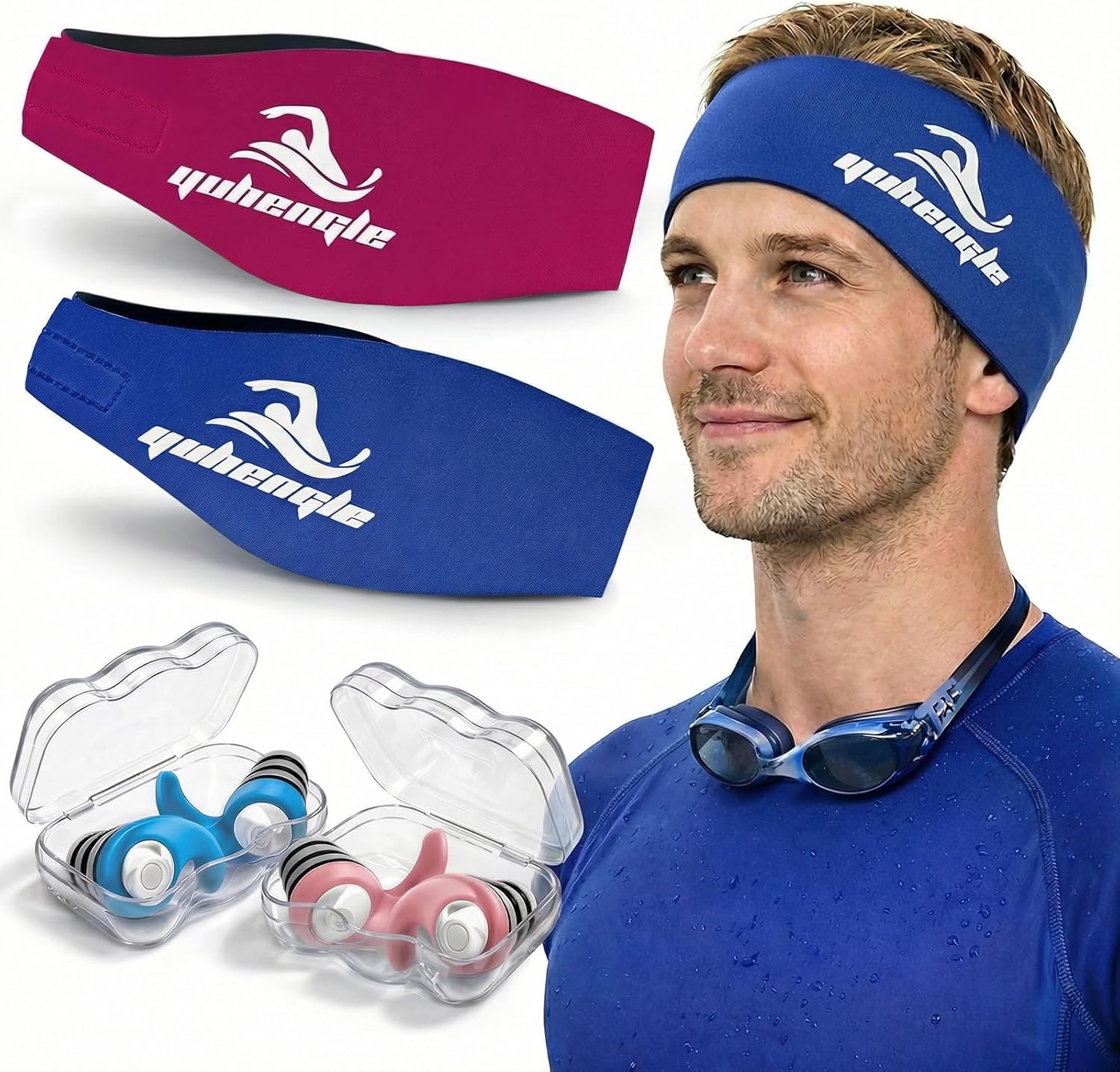 71HB7XkclTL._AC_SL1500_ 2 Pairs Swimming Headband with Earplugs - Adjustable Water Headband & Silicone for Adults,Keep Water Out and Hold Earplugs in - Swim Ear Band for Surfing, Diving, Pool, and Sports - Image 1