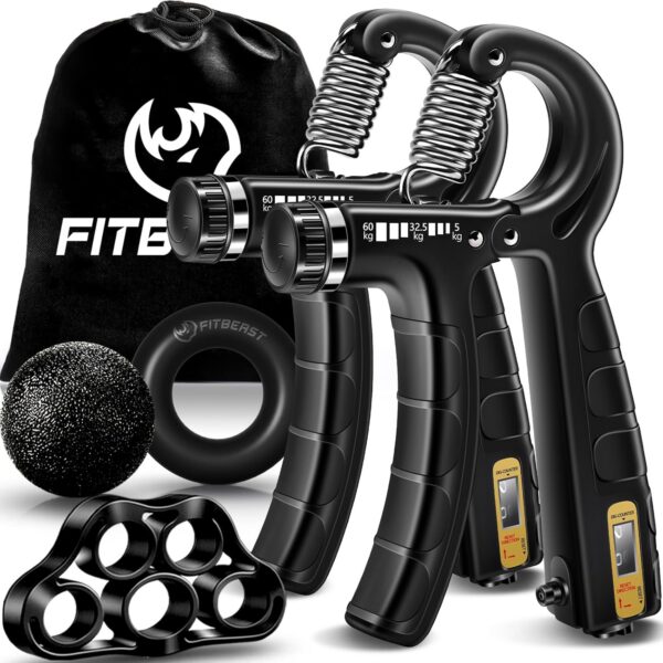 FitBeast Hand Grip Strengthener Workout Kit (5 Pack), 2 Forearm Grip Adjustable Resistance Hand Gripper, Finger Stretcher, Grip Trainer & Stress Relief...