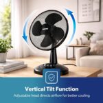GEEPAS 12" Table Fan | Electric Portable Worktop Desk Fan with 3 Speeds 3 Blades, Adjustable Tilt Wide Angled Oscillation | Powerful Cooling Airflow for Home Office | 1 Year Warranty, Black 35W [Energy Class A+] - Image 4