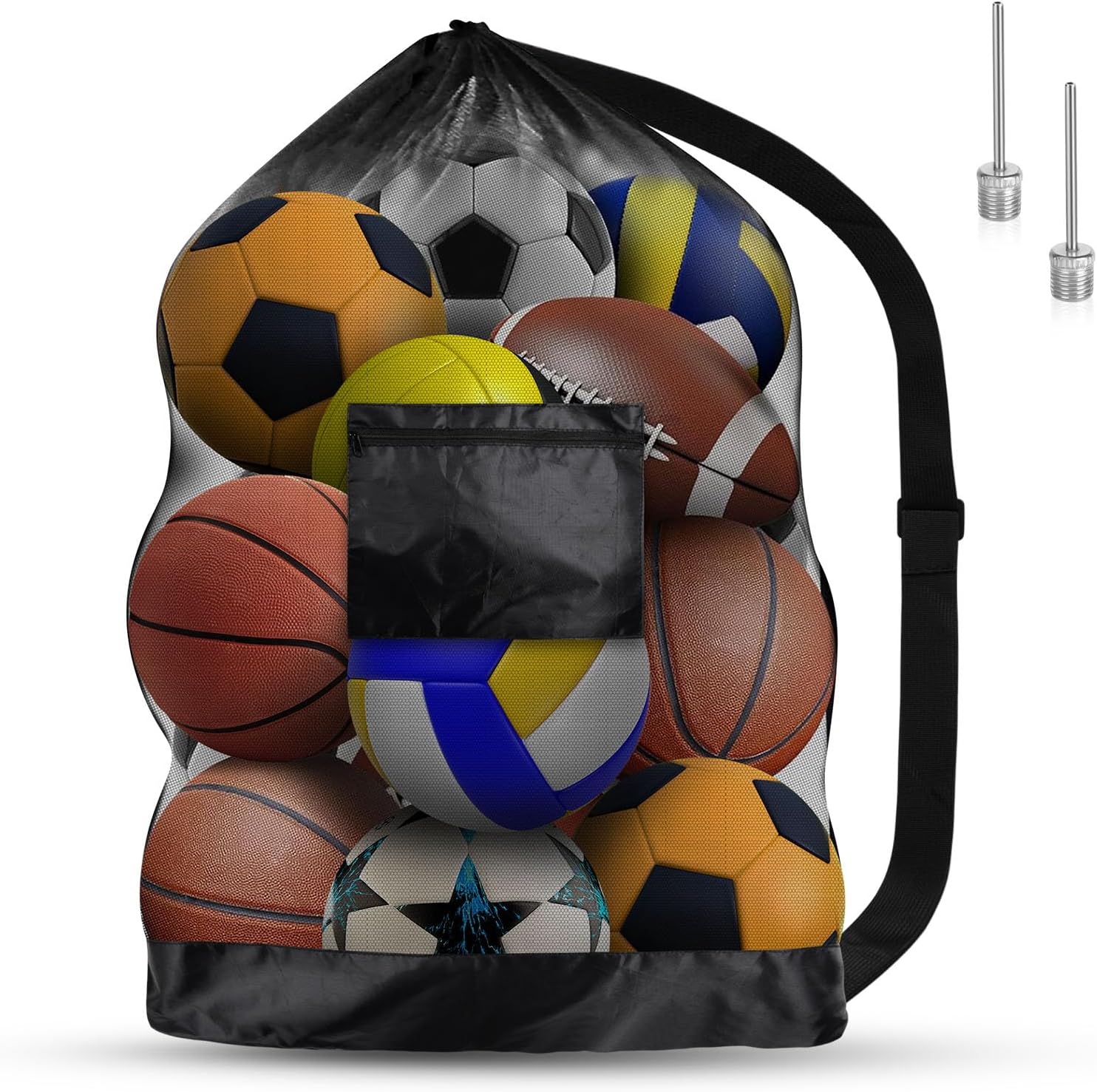 71jetwRiNPL._AC_SL1500_ Extra Large Football Mesh Bag, Drawstring Bag with Adjustable Shoulder Strap, Waterproof Storage Bag for Basketball, Football, Rugby Ball, Volleyball - Image 1