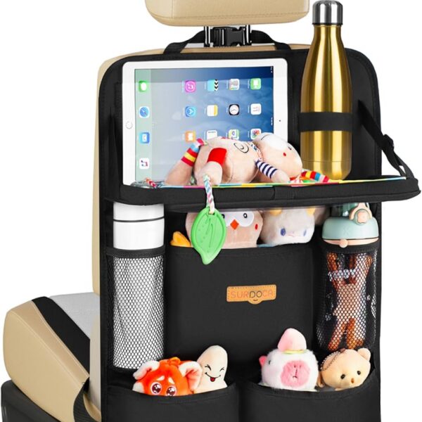 SURDOCA Car Seat Organiser Kids with Foldable Tray – Seat Storage with Touchable Tablet Pocket, Roadtrip Essentials – Fits Most Vehicles
