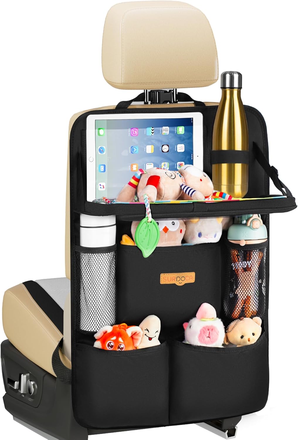 71+omYQGx4L._AC_SL1500_ SURDOCA Car Seat Organiser Kids with Foldable Tray – Seat Storage with Touchable Tablet Pocket, Roadtrip Essentials – Fits Most Vehicles - Image 1