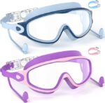 SHINER Kids Swimming Goggles for 3-15 with Earplugs Large Frame Anti-Fog/UV No Leak Swim Goggles for Boys Girls Toddler 2PCS