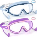 SHINER Kids Swimming Goggles for 3-15 with Earplugs Large Frame Anti-Fog/UV No Leak Swim Goggles for Boys Girls Toddler 2PCS