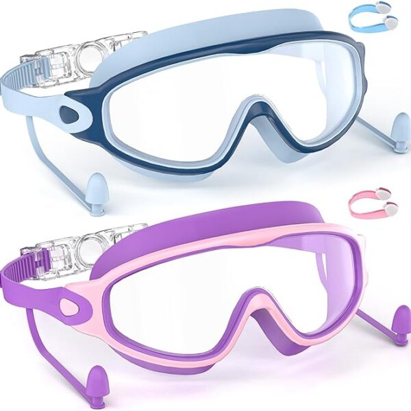 SHINER Kids Swimming Goggles for 3-15 with Earplugs Large Frame Anti-Fog/UV No Leak Swim Goggles for Boys Girls Toddler 2PCS