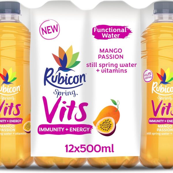 Rubicon Spring Vits Mango Passion Still Vitamin Water - 15 Calories per bottle for healthy hydration - Drinks Multipack 12 x 500ml Bottles