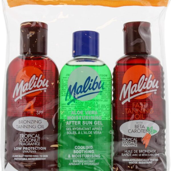 Malibu Sun Fast Tanning Travel Essentials, SPF 4 Bronzing Tanning Oil, Beta Carotene Tan Enhancer & Aloe Vera After Sun Gel, Water Resistant Holiday Travel Set, Tropical Coconut Fragrance, 3 x 100ml
