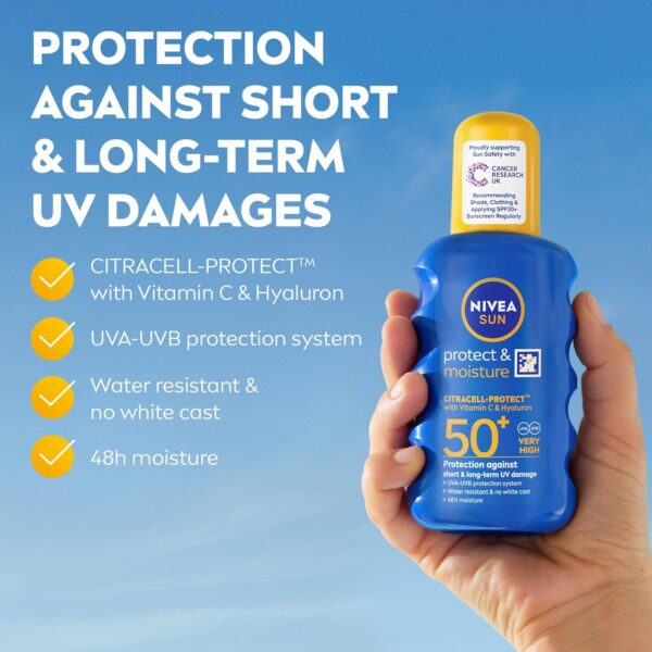 NIVEA SUN Protect & Moisture Sun Spray SPF 50+ (200ml), Moisturising Suncream Spray with Vitamin C and Hyaluron, Immediate UVA/UVB Protection, Fast-Absorbing No White Cast Formula