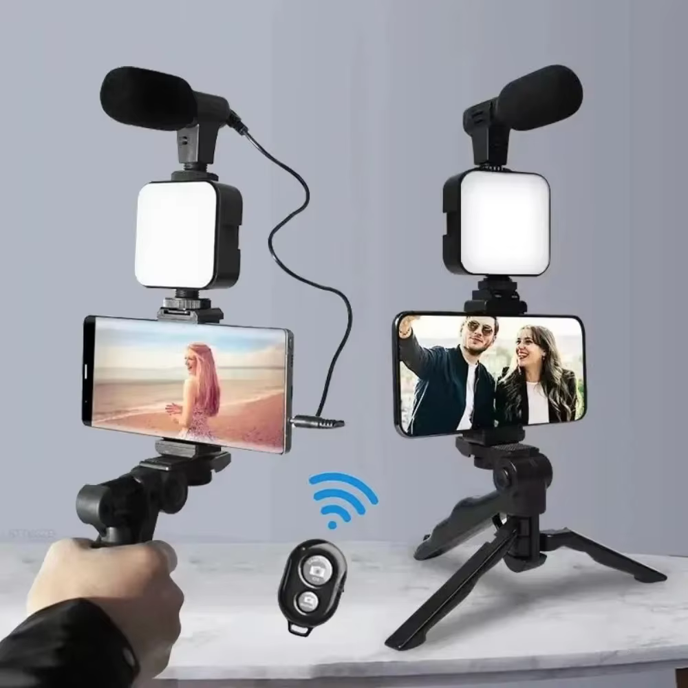 Sbd4d9bc3069f4be08fa8d5f3ed17bd0eI Smartphone Vlogging Kit With Tripod Phone Holder Mini Microphone LED Fill Light Starter For TikTok Live Stream Video YouTube - Image 1