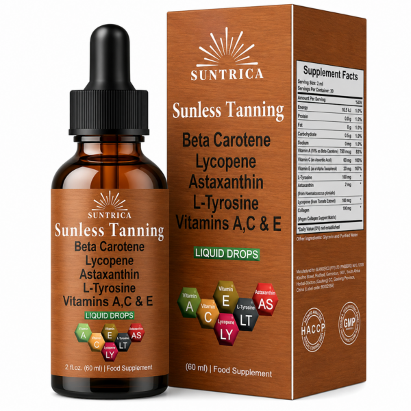 Sunless Tanning Drops Drink, Drinkable Tanning Drops Self Tan, Natural β-Carotene, Astaxanthin & Lycopene for a Bronzing Glow without Sun Damage, for All Skin Types, 60 ml (1 PC)