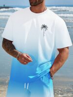Manfinity RSRT Men's Palm Tree Print Round Neck Short Sleeve Casual T-Shirt, Men Summer T-Shirt, Vacation T-Shirt, A Great Gift For A Boyfriend Or Husband, Holiday