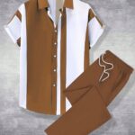 Manfinity Homme Men's Summer Color Blocking Short Sleeve Single-Breasted Shirt And Drawstring Waist Pants Casual Suit (Asymmetrical Cutting)