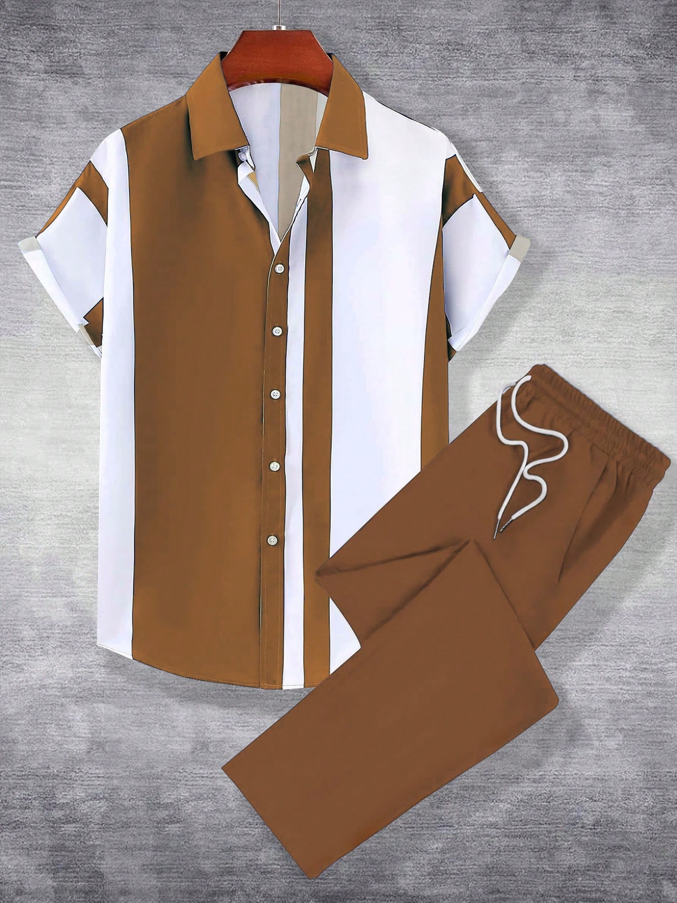 http___img.ltwebstatic.com_images3_pi_2024_08_20_7d_17241403872de6a41c4fe054f6c01cbabeab57e7c9 Manfinity Homme Men's Summer Color Blocking Short Sleeve Single-Breasted Shirt And Drawstring Waist Pants Casual Suit (Asymmetrical Cutting) - Image 1