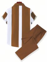 Manfinity Homme Men's Summer Color Blocking Short Sleeve Single-Breasted Shirt And Drawstring Waist Pants Casual Suit (Asymmetrical Cutting) - Image 2