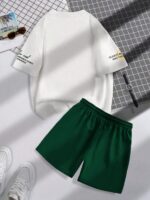 Manfinity Campus Court 2pcs/Set Men's Letter Print Crew Neck Short Sleeve Casual T-Shirt And Drawstring Waist Shorts Set - Image 5