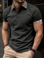 Manfinity Dauomo Men's Solid Color Splicing Front Button Short Sleeve Casual T-Shirt Vacation Dark Grey Summer