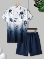 Manfinity RSRT Men's Navy Blue Floral Summer Casual Short Sleeve T-Shirt And Shorts Set,Minimalist Holiday Vacation Outfits,Round Neck Tee Co Ords Summer Clothes - Image 2