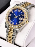 1pc Men's Minimalist Business Roman Numeral Dial Full Rhinestone Steel Band Quartz Watch, Suitable For Daily Matching, Birthday, Gift For Men, Anniversary, Singles' Day, Halloween Promotion, No Gift Box