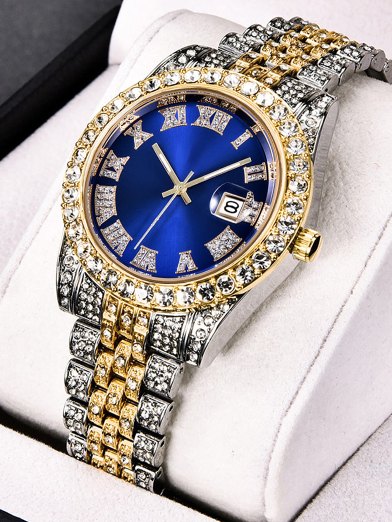 http___img.ltwebstatic.com_images3_spmp_2023_06_24_168758838057c25d30df9e21e75ff76ccb0455ccf2 1pc Men's Minimalist Business Roman Numeral Dial Full Rhinestone Steel Band Quartz Watch, Suitable For Daily Matching, Birthday, Gift For Men, Anniversary, Singles' Day, Halloween Promotion, No Gift Box - Image 1