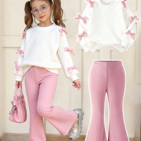 SHEIN Elladie kids 2pcs/Set Girls' Sweet & Cool 3D Bow Decor White Top + Fuchsia Flare Pants Outfit,Fashionable Pink Bows,Summer,School,Back-To-School Stylish Outings